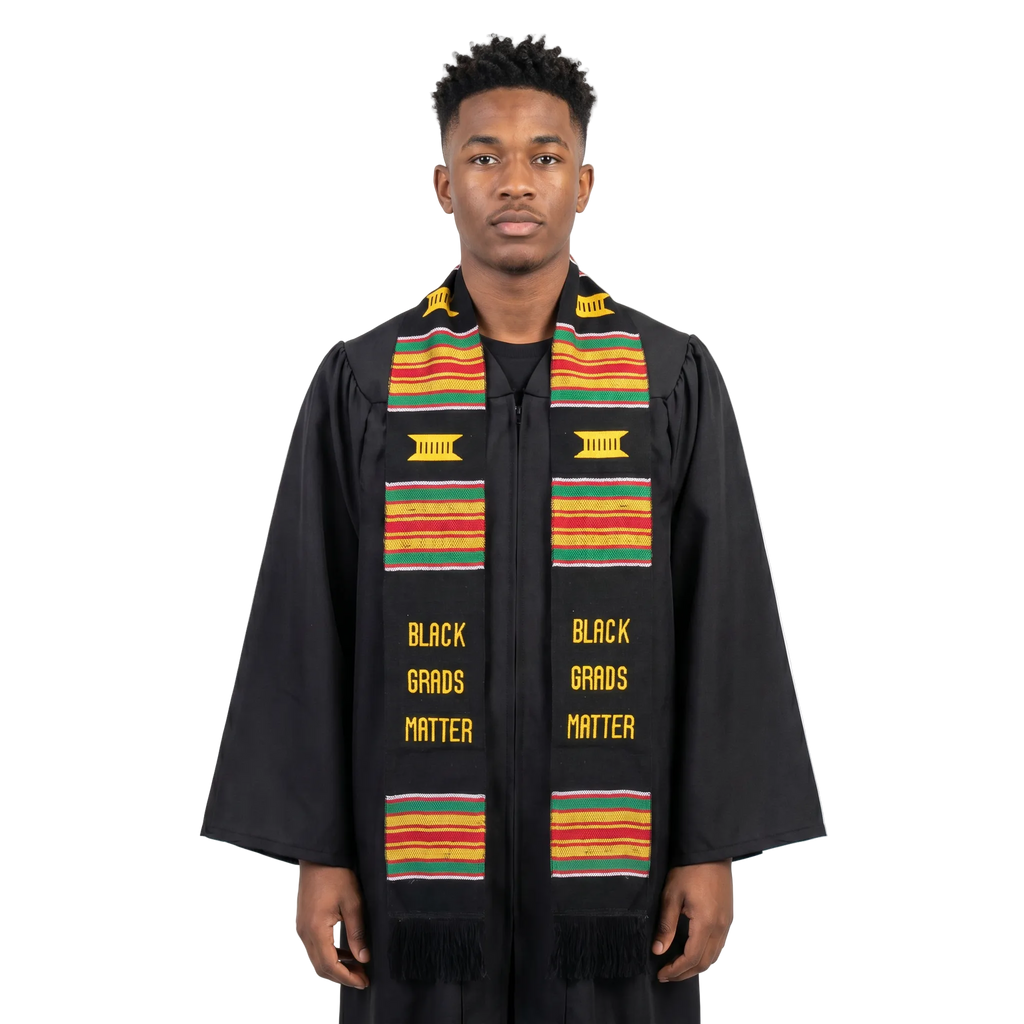 Black Grads Matter Kente graduation stole with colorful African-inspired woven patterns for Black college and high school graduates