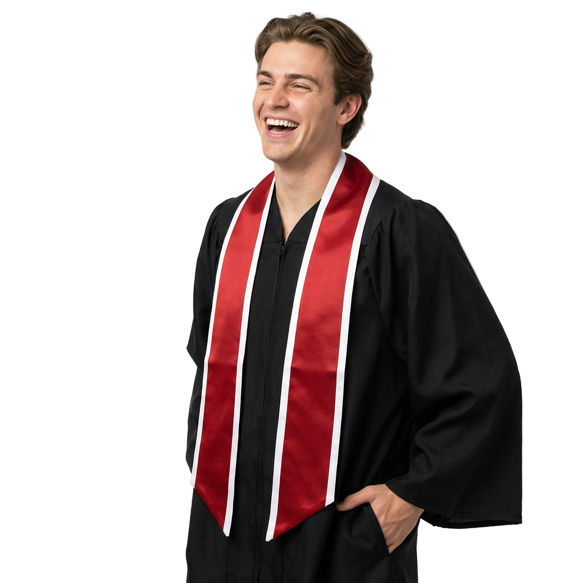 Crimson slanted graduation stole with white trim along the edges, shown against a white background.