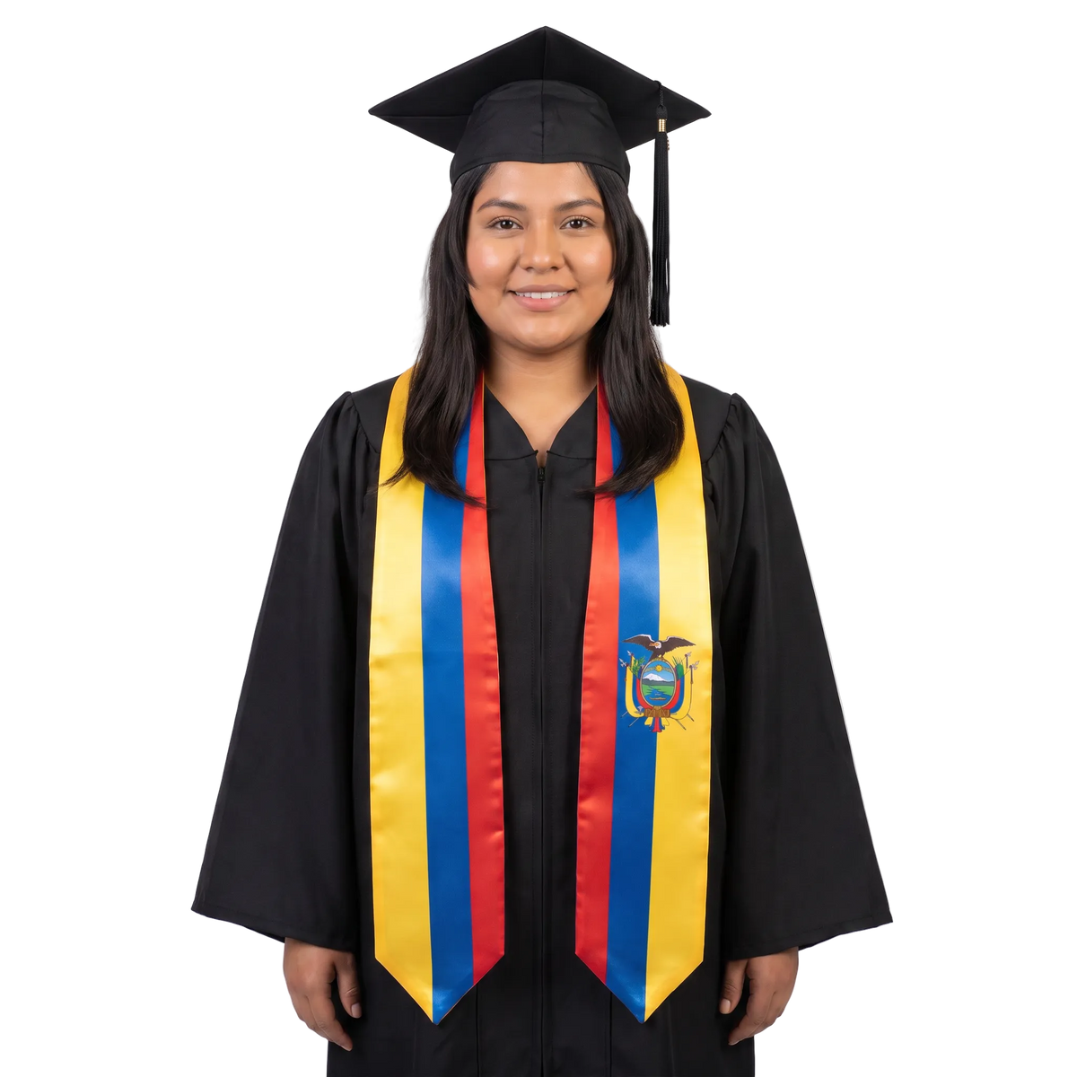 **Ecuador graduation stole featuring the Ecuadorian flag, patriotic graduation sash for high school and college commencement ceremonies**