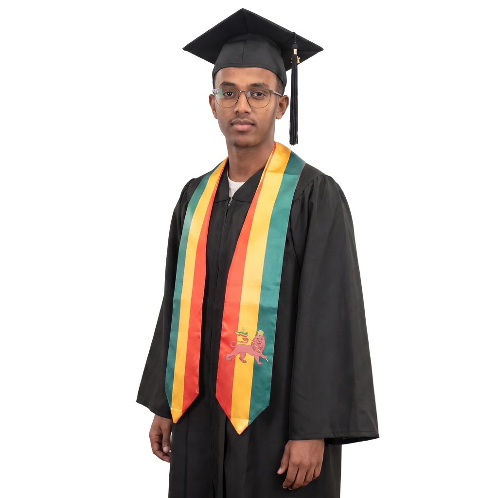**Ethiopia graduation stole featuring the Ethiopian flag patch, patriotic graduation sash for high school and college commencement ceremonies**