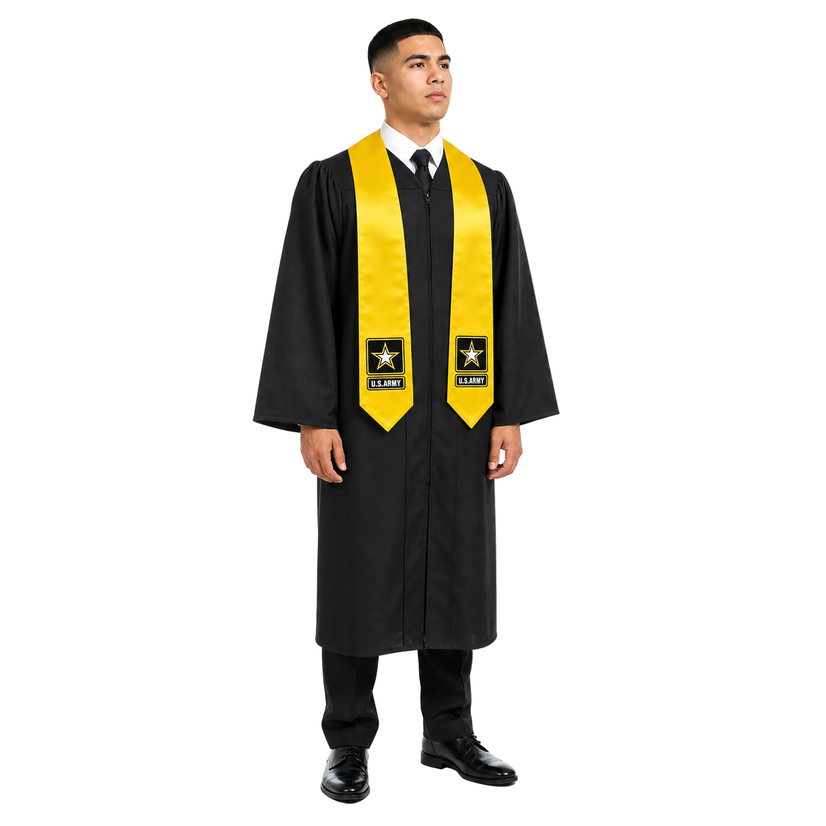 Gold U.S. Army graduation stole with embroidered Army patch and pointed ends for military veterans.