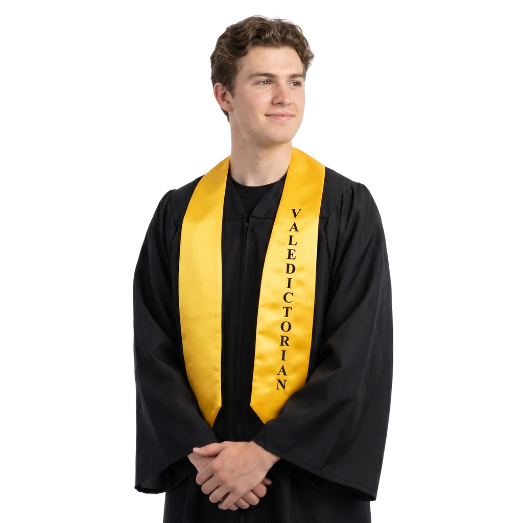 Gold Valedictorian graduation stole with black lettering – academic honor sash for high school and college commencement ceremony