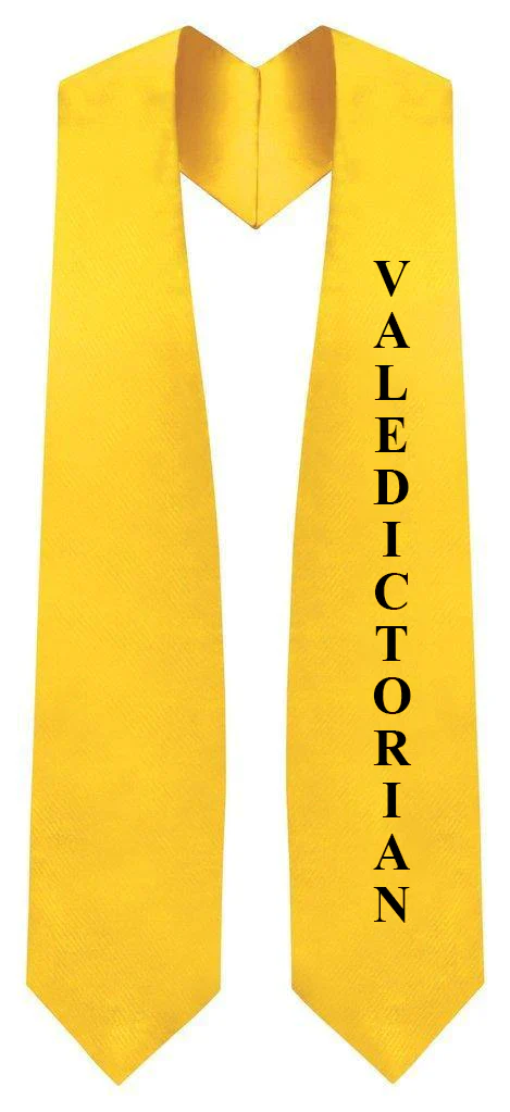 Gold Valedictorian graduation stole with black lettering – academic honor sash for high school and college commencement ceremony