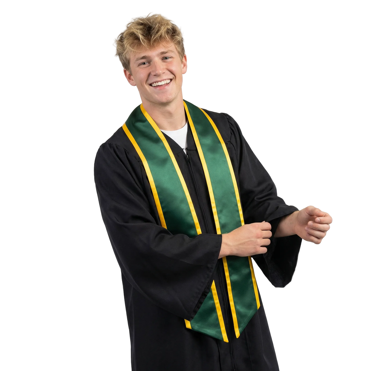 Hunter green slanted graduation stole with gold trim along the edges, shown against a white background.