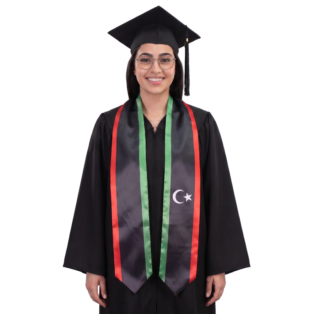 **Libya graduation stole featuring the Libyan flag, worn as a sash for commencement**