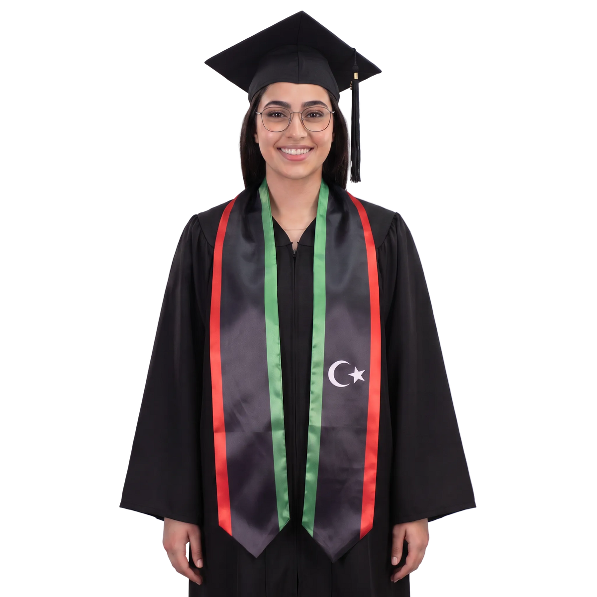 **Libya graduation stole featuring the Libyan flag, worn as a sash for commencement**