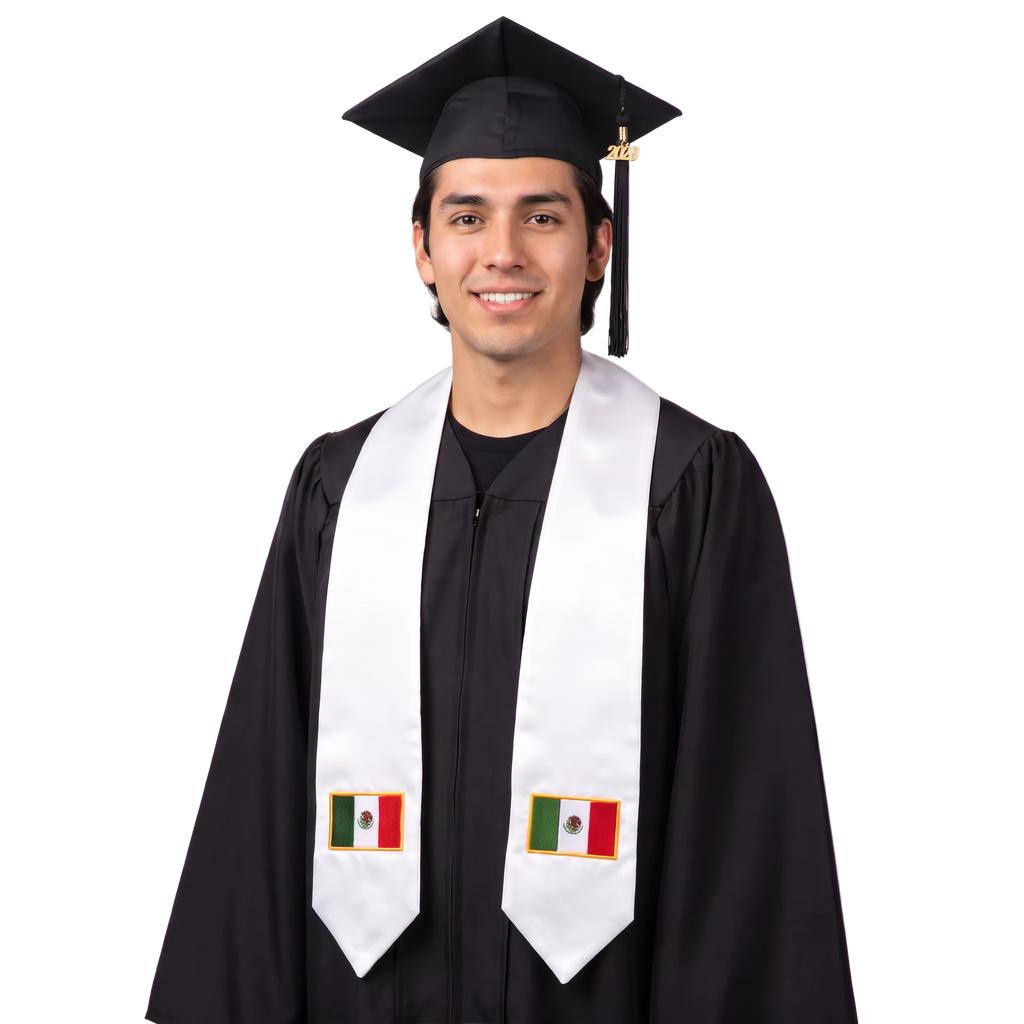 **Mexico international graduation stole featuring the Mexican flag, worn as a sash for commencement**