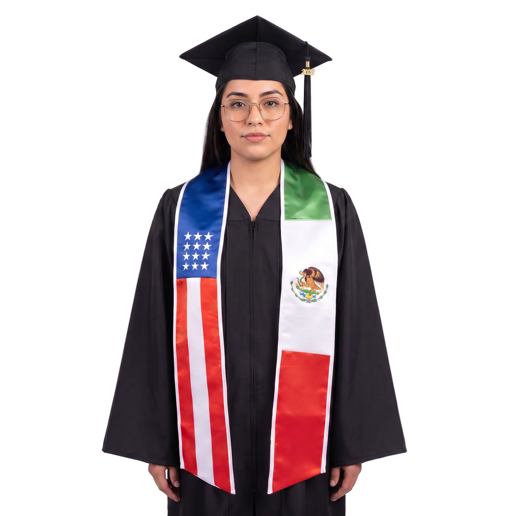 **USA and Mexico graduation stole featuring both national flags, a dual-flag sash for commencement**