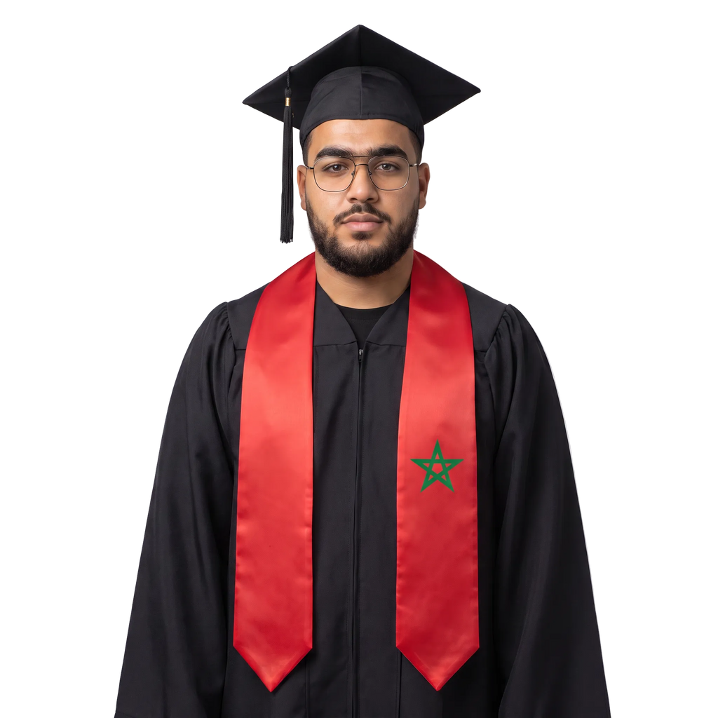 **Morocco graduation stole featuring the Moroccan flag, worn as a sash for commencement**