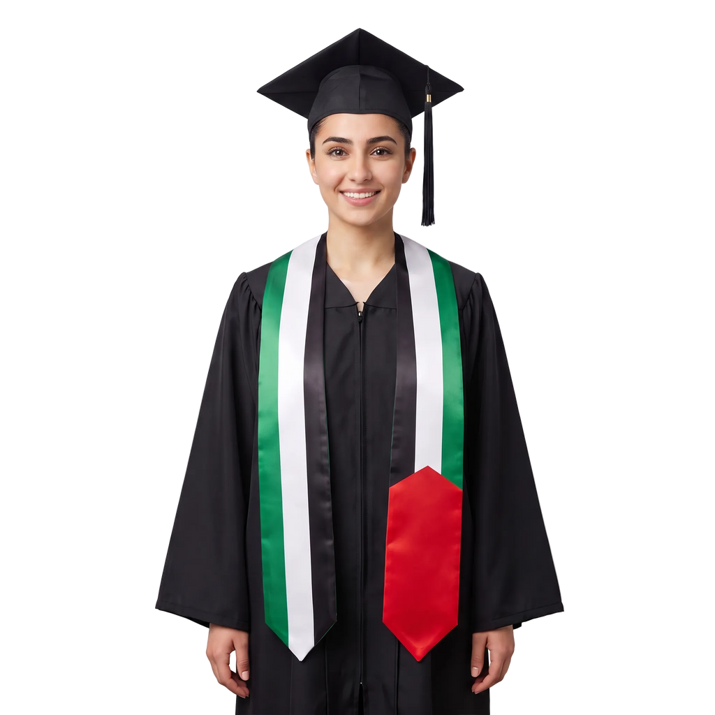 **Palestine graduation stole featuring the Palestinian flag, worn as a sash for commencement**