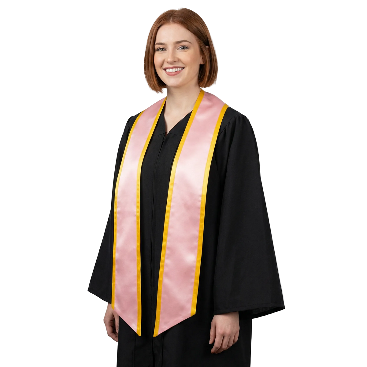Pink slanted graduation stole with gold trim along the edges, shown against a white background.