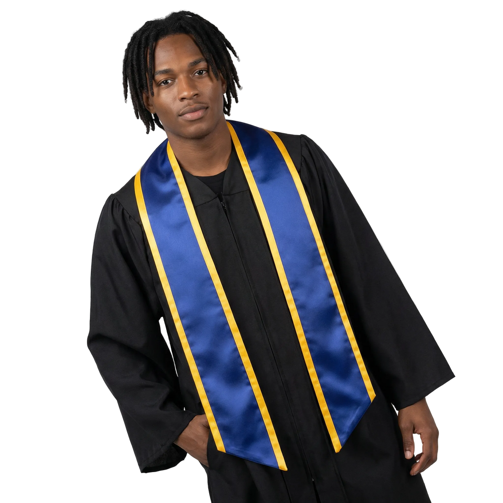 Royal blue slanted graduation stole with gold trim, shown against a white background.