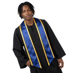 Royal blue slanted graduation stole with gold trim, shown against a white background.