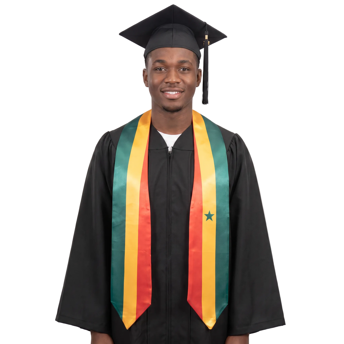 **Senegal graduation stole featuring the Senegalese flag, worn as a sash for commencement**
