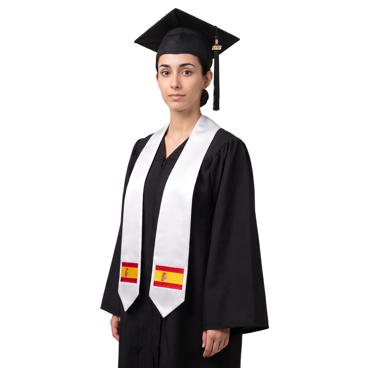 **Spain international graduation stole featuring a Spanish flag patch, worn as a sash for commencement**