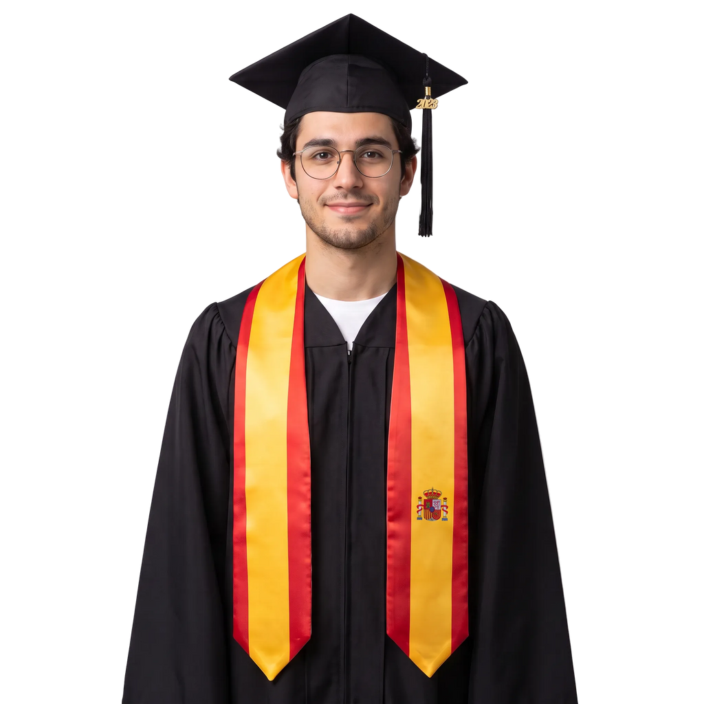 **Spain graduation stole featuring the Spanish flag, worn as a sash for commencement**