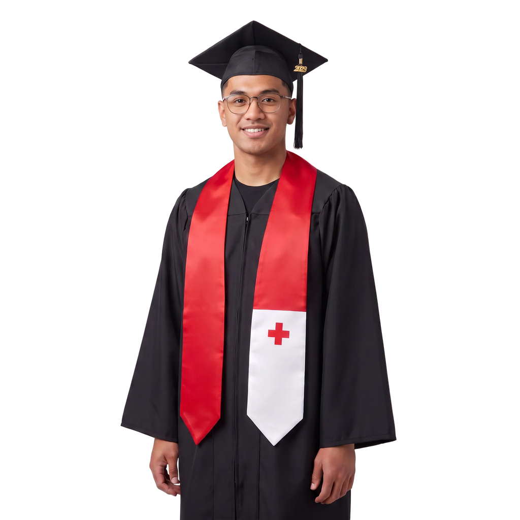 **Tonga graduation stole featuring the Tongan flag, worn as a sash for commencement**