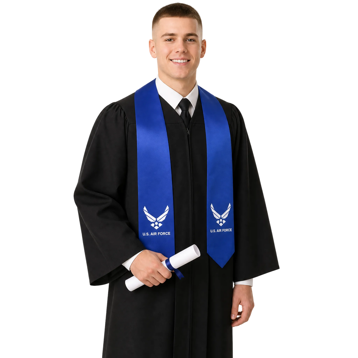 Royal blue U.S. Air Force graduation stole with embroidered Air Force patch and pointed ends for military veterans