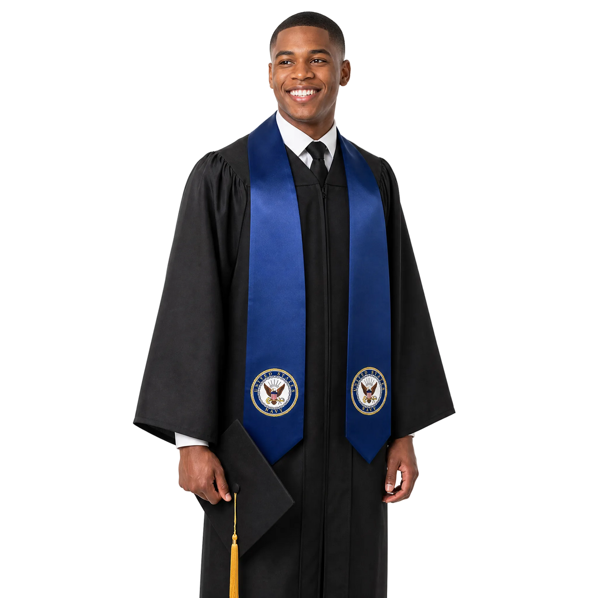 Navy blue U.S. Navy graduation stole with embroidered Navy patch and pointed ends for military veterans