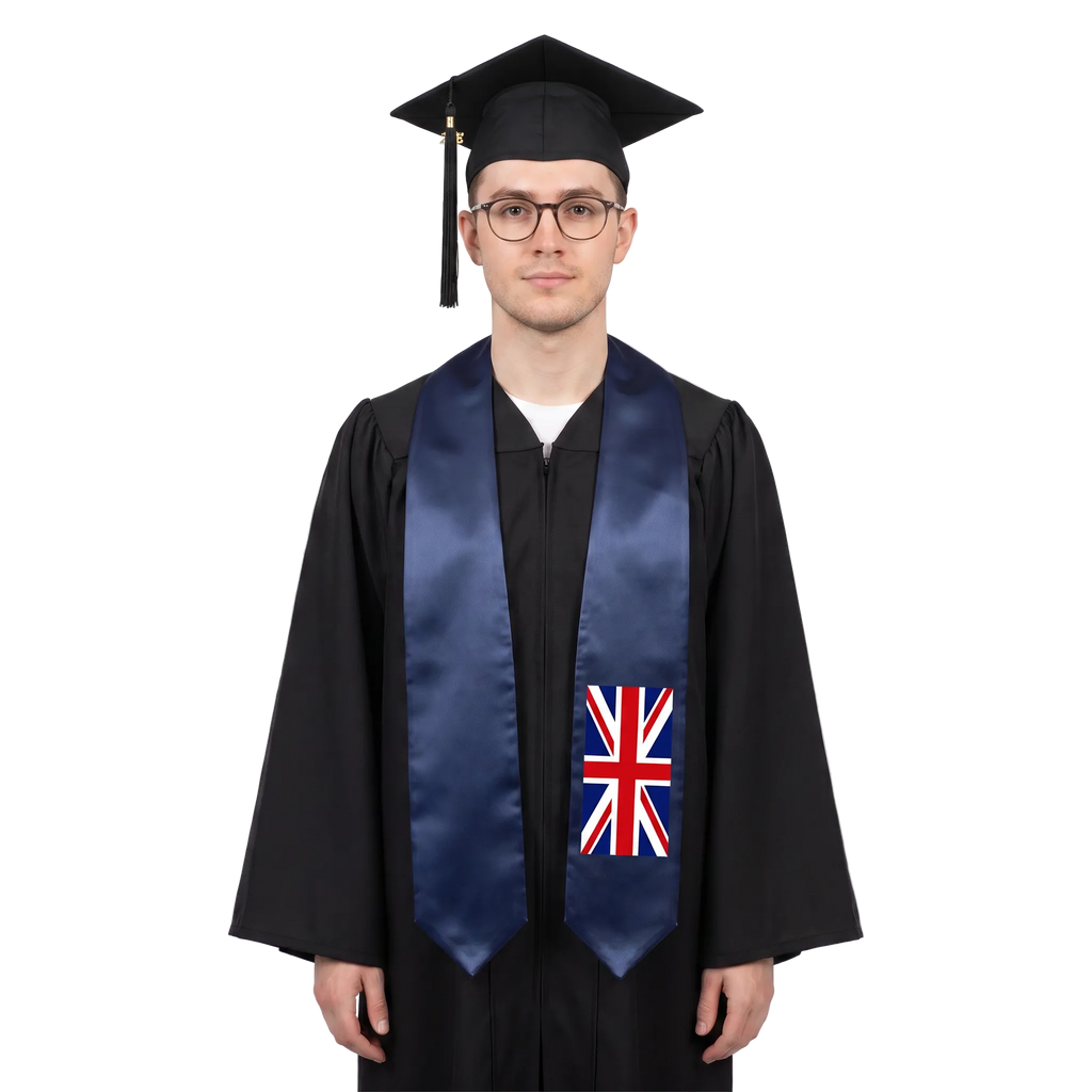 **United Kingdom graduation stole featuring the Union Jack flag, worn as a sash for commencement**