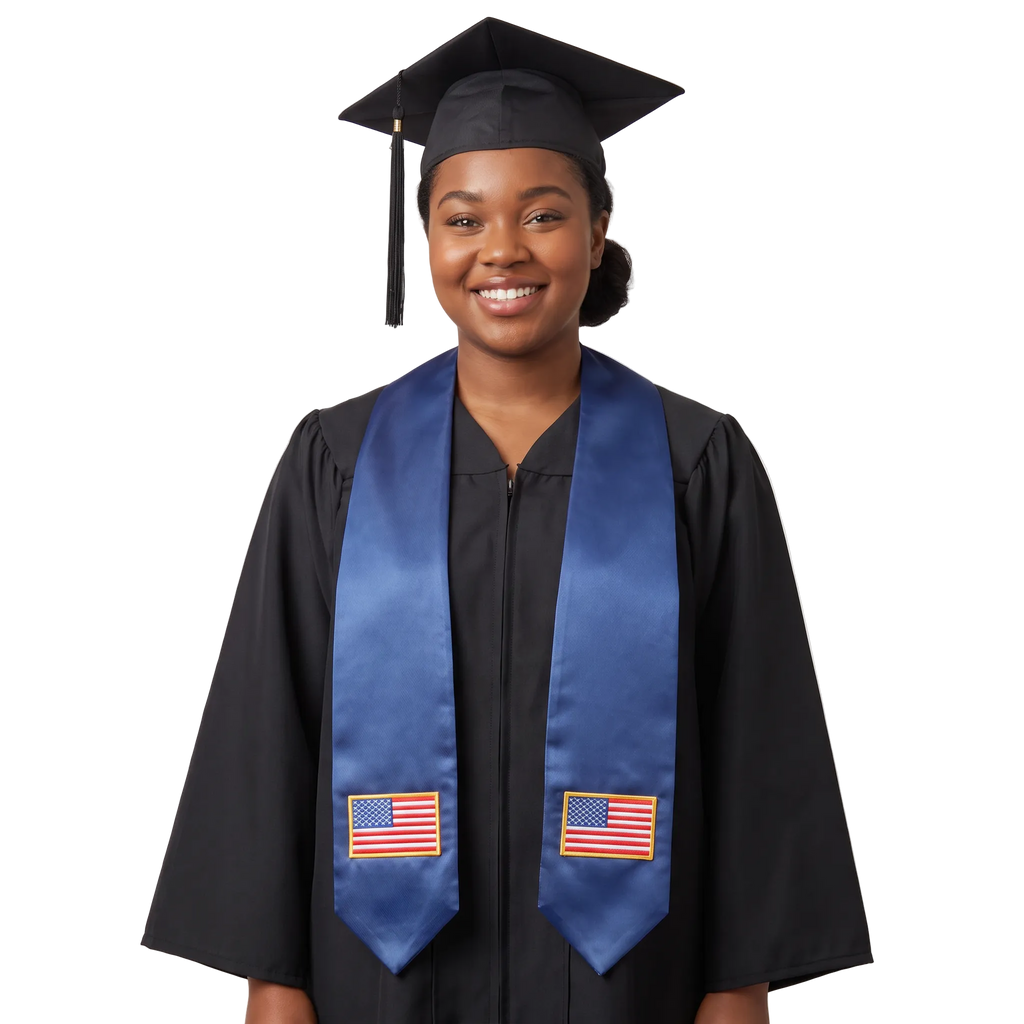 **USA international graduation stole featuring the American flag, worn as a sash for commencement**