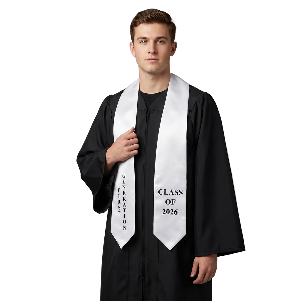 White First Generation 2026 graduation stole with printed lettering and pointed ends.