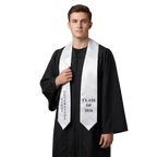 White First Generation 2026 graduation stole with printed lettering and pointed ends.