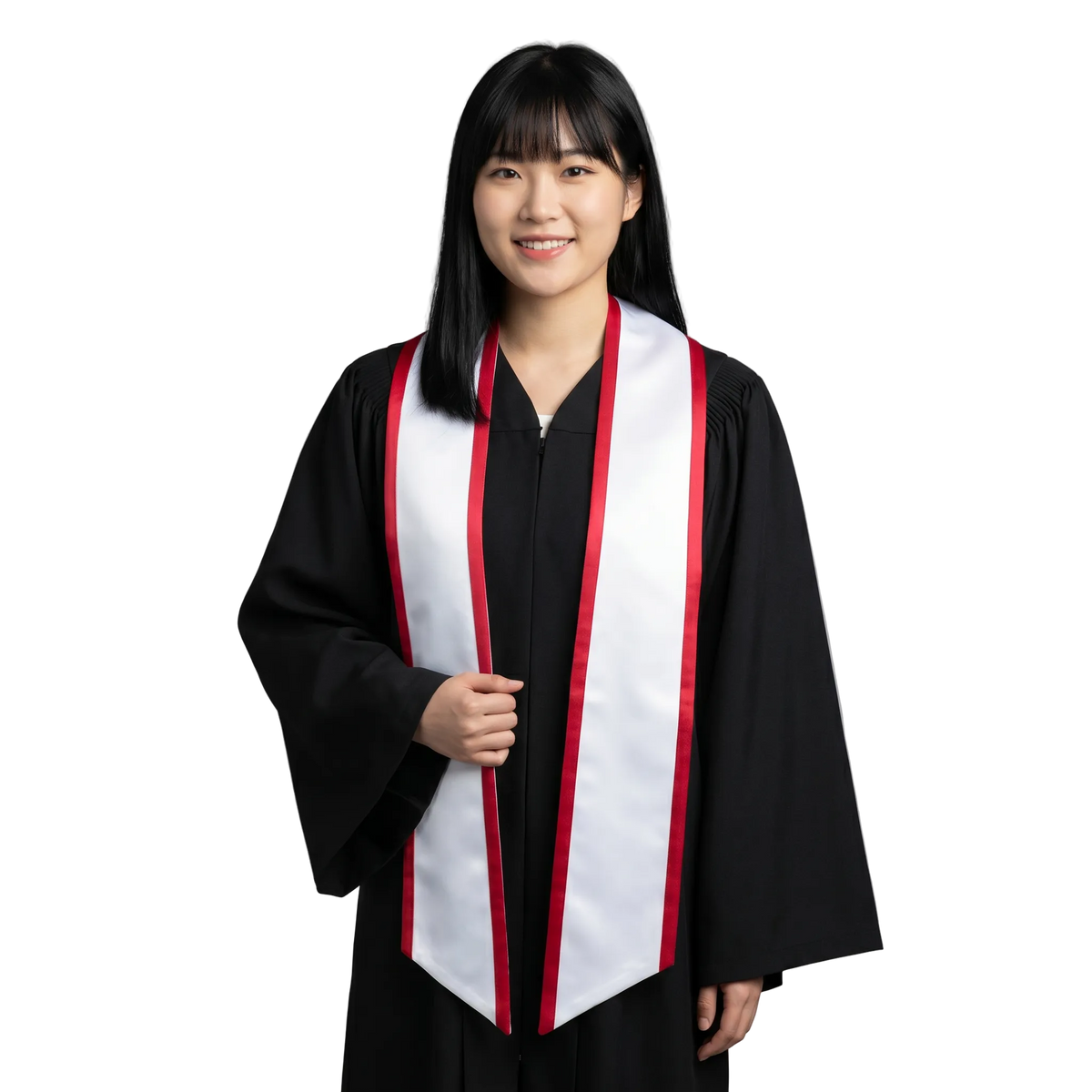 White slanted graduation stole with red trim along the edges, shown against a white background.