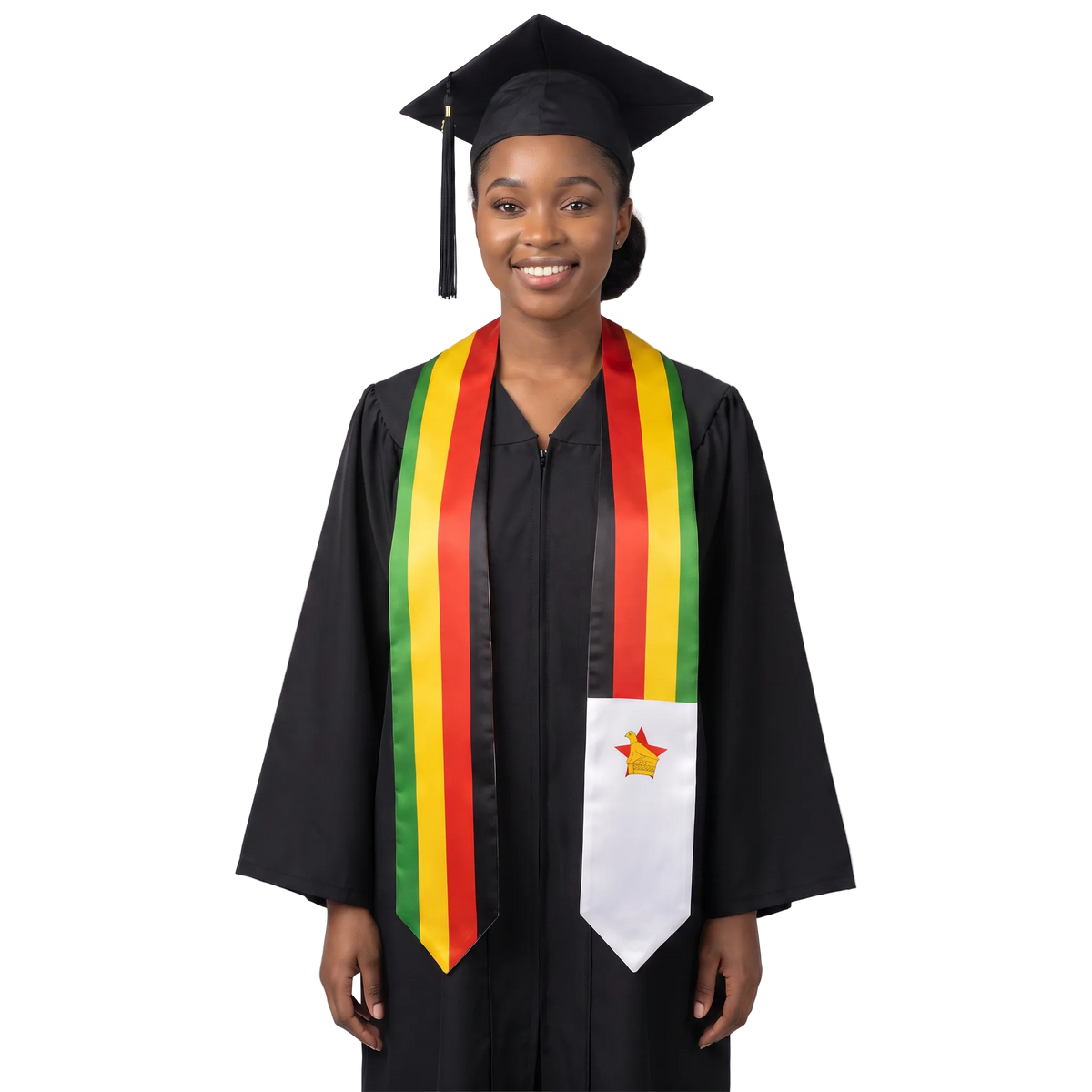 **Zimbabwe graduation stole featuring the Zimbabwean flag, worn as a sash for commencement**