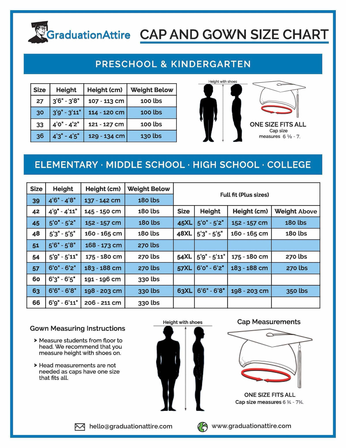 Graduation Attire - Size, Color and Fabric Charts