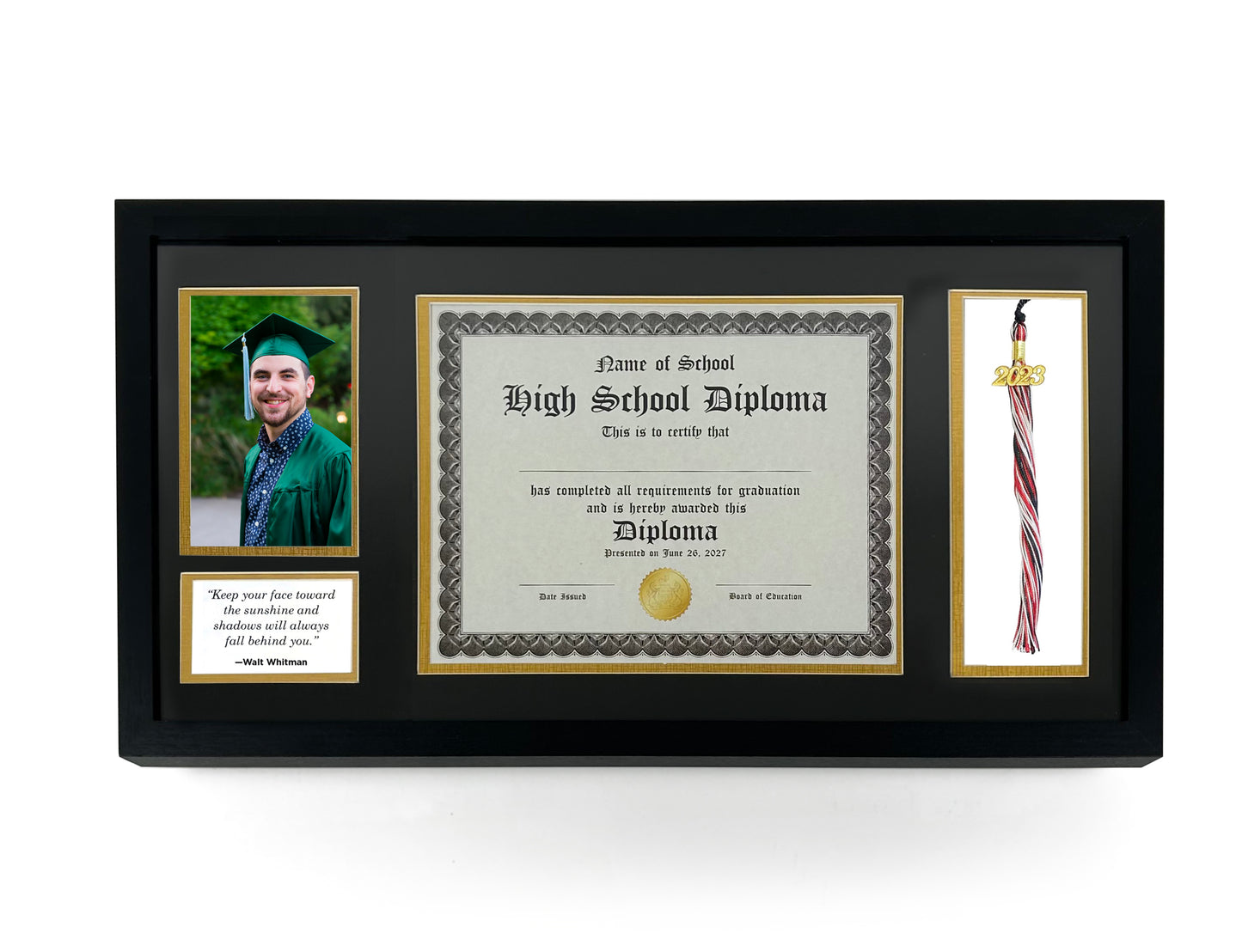 Diploma Frame with Tassel Holder, Double Mat, UV protection, 8.5 x 11 Certificate and 4 x 6 Photo